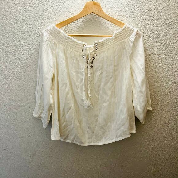 LASCANA Venus Off Shoulder Lace Up Peasant Blouse Ivory Boho Cottagecore S - Picture 2 of 6